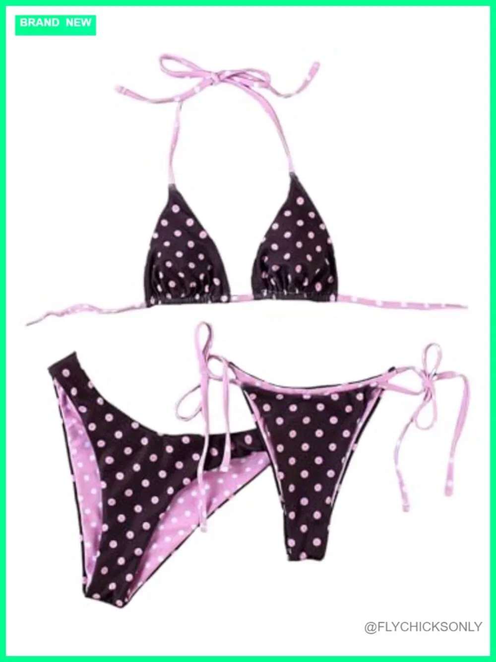Women's Polka Dot Triangle Halter Bikini Set with Thong Bottoms - 3 Piece